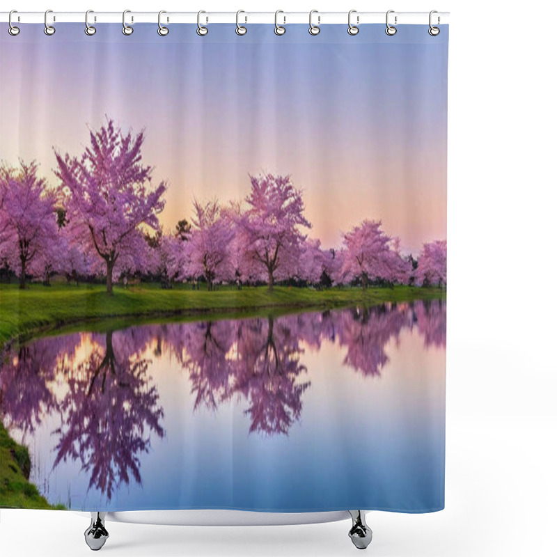 Personality  Blossom Reflection Symphony: A Picturesque View Of A Cherry Blossom Field Enveloping A Still Pond, Where Every Branch And Pastel Hue In The Sky Above Is Echoed Flawlessly In The Water Below. Shower Curtains