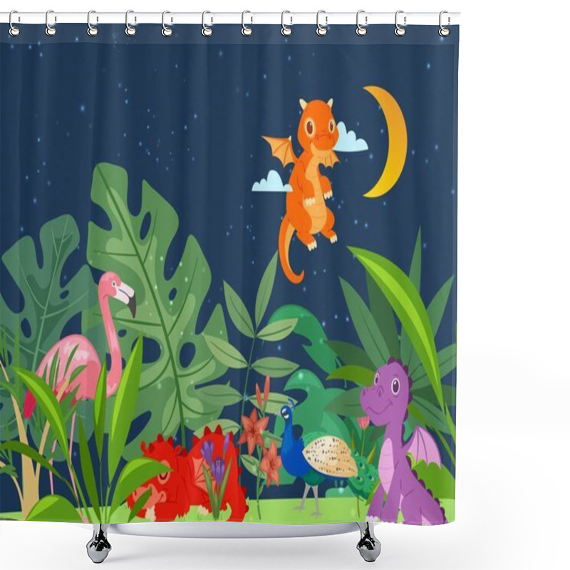 Personality  Cute Dinosaurs In Dino World With Palm Trees, Exotic Birds At Night Vector Illustration. Prehistoric World With Cute Baby Dragons. Dinosaur Sleeping And Flying In Tropic Plants. Shower Curtains