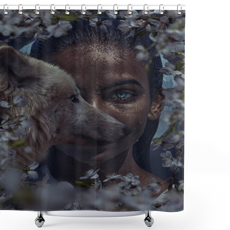 Personality  Beautiful Woman With Wolf Portrait Shower Curtains