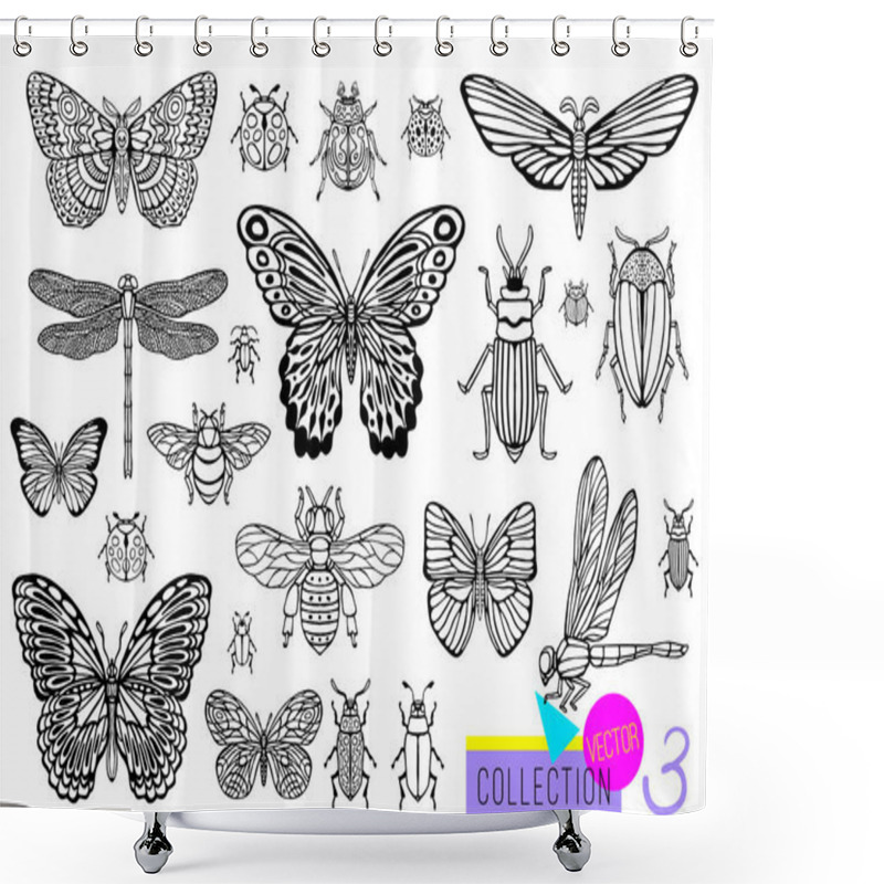 Personality  Big Hand Drawn Line Set Of Insects Bugs, Beetles, Honey Bees, Butterfly Moth, Bumblebee, Wasp, Dragonfly, Grasshopper. Silhouette Vintage Sketch Style Engraved Illustration. Shower Curtains