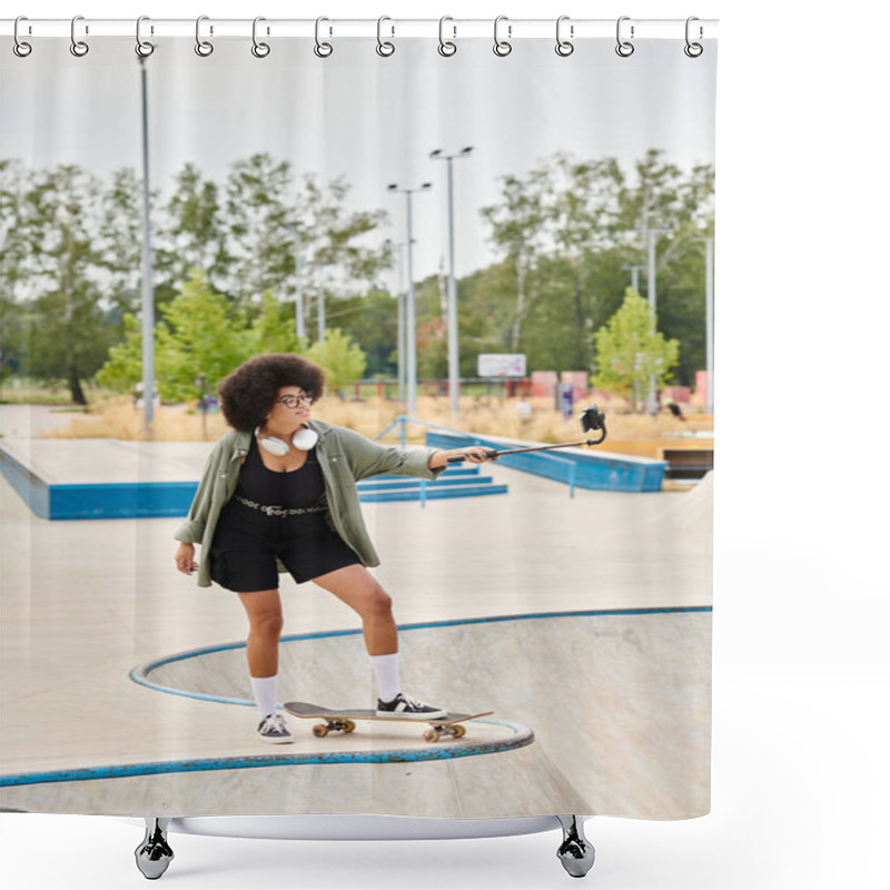 Personality  A Young African American Woman With Curly Hair Confidently Rides A Skateboard At A Bustling Skate Park. Shower Curtains