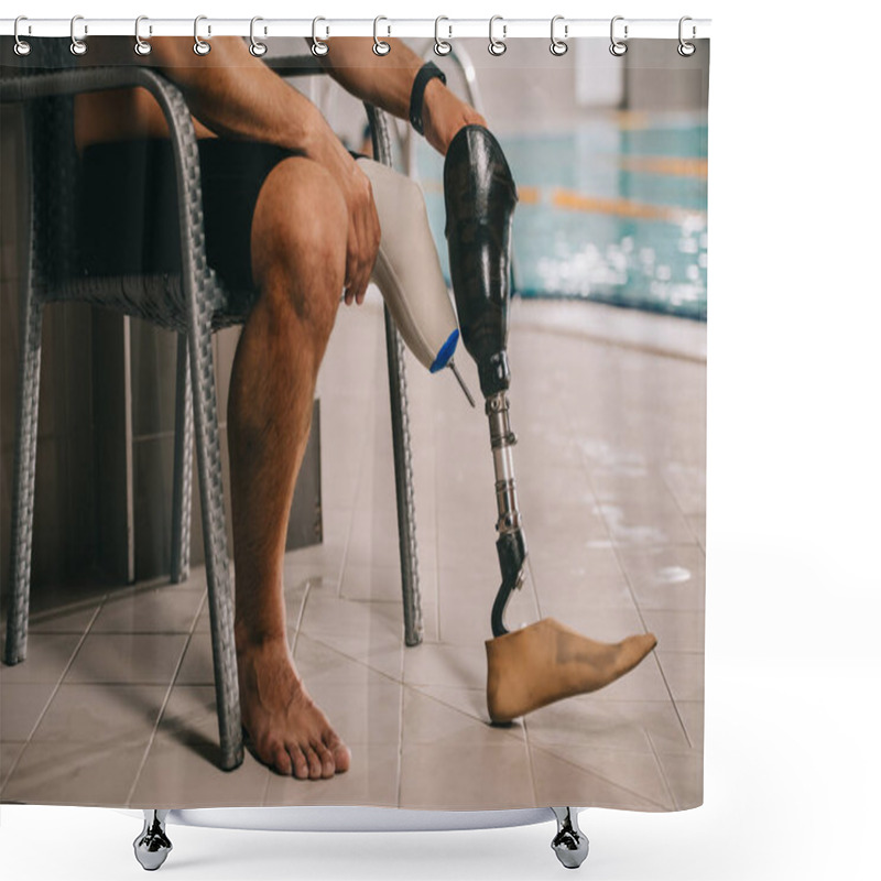 Personality  Cropped Shot Of Sportsman With Artificial Leg Sitting On Chair At Indoor Swimming Pool Shower Curtains