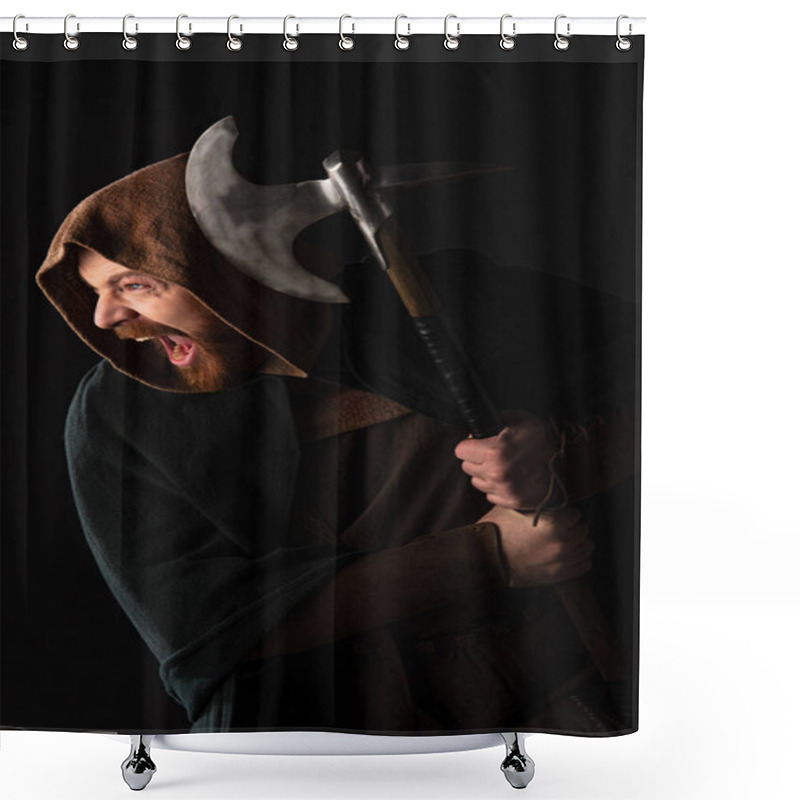 Personality  Medieval Scottish Warrior With Battle Axe In Mantel Screaming Isolated On Black Shower Curtains