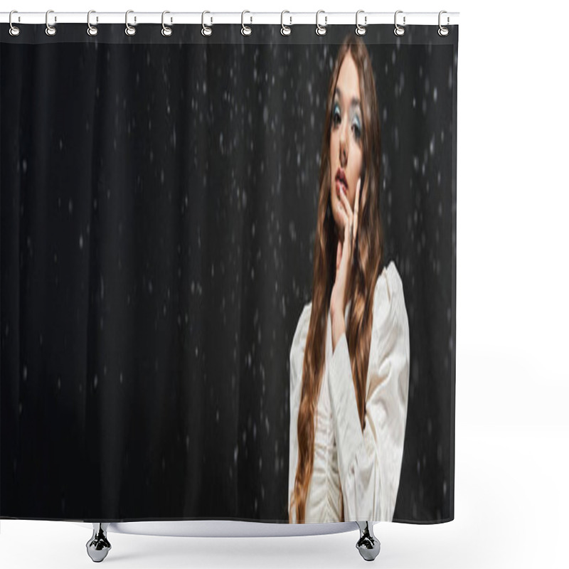 Personality  The Young Woman Stands Gracefully, Exuding Elegance And Charm In A Striking Outfit. Shower Curtains