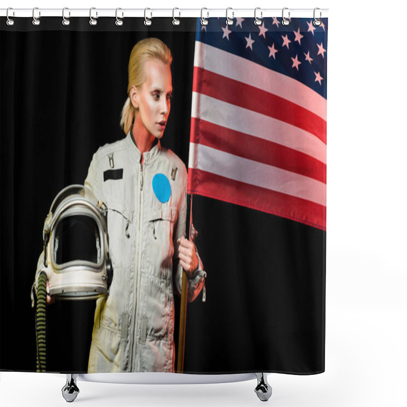 Personality  Cosmonaut In Spacesuit Holding Helmet And American Flag, Isolated On Black Shower Curtains