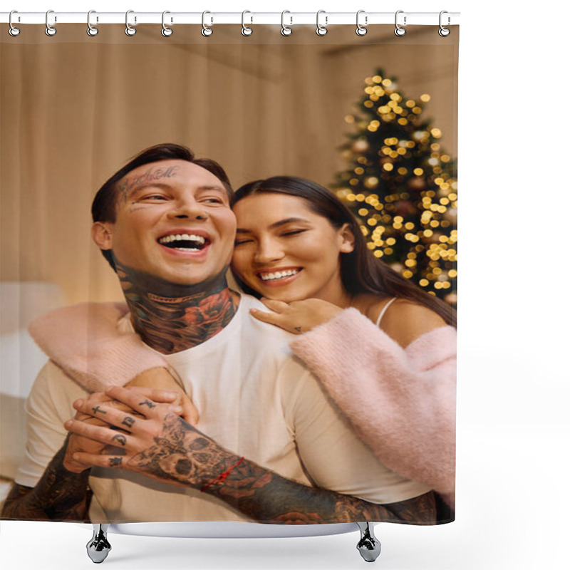 Personality  A Happy Couple Enjoys A Loving Embrace, Surrounded By Festive Decorations And Holiday Spirit. Shower Curtains