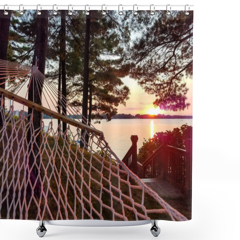 Personality  Hammock By The Lake With Summer Sunet Landscape Shower Curtains