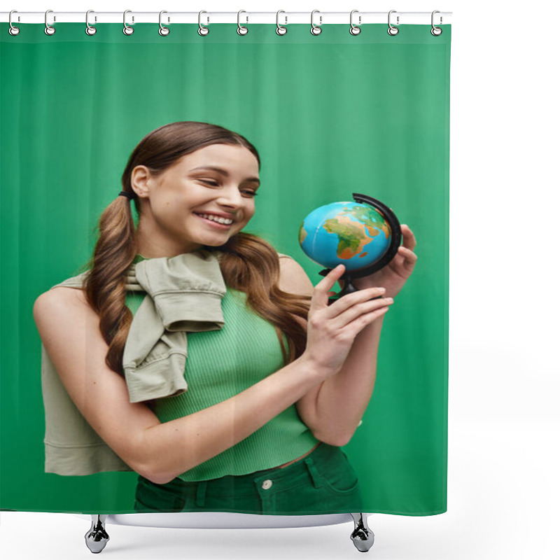 Personality  A Young Woman In Her 20s Holds A Small Globe In Her Hands, Portraying Care And Concern For The World. Shower Curtains