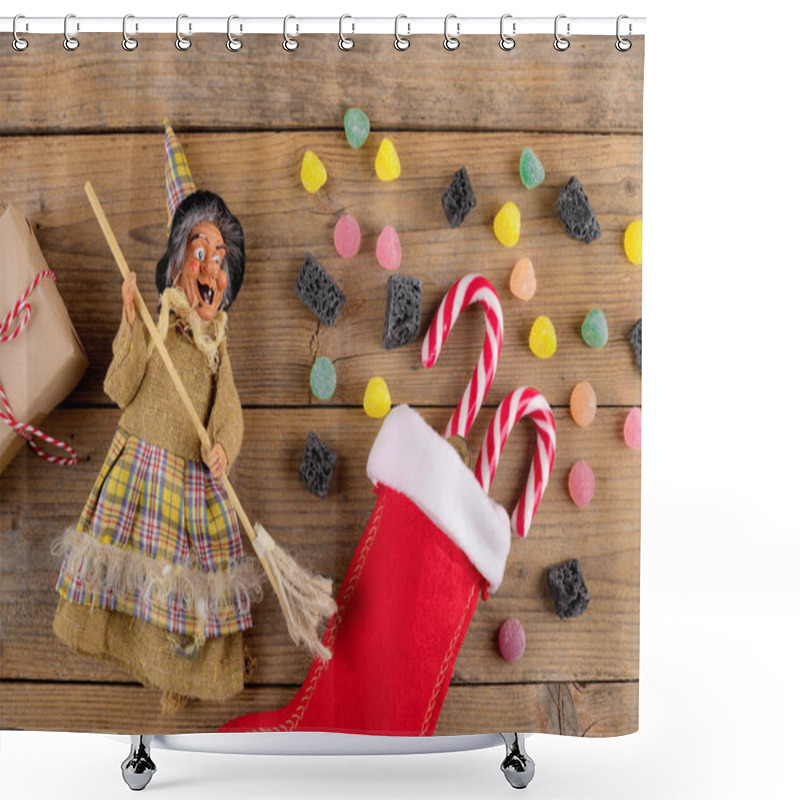 Personality  The Witch Befana And Red Stocking With Sweet Coal And Candy On Rustic Wooden Background. Italian Epiphany Day Tradition, Top View, Flat Lay, Greeting Card Shower Curtains