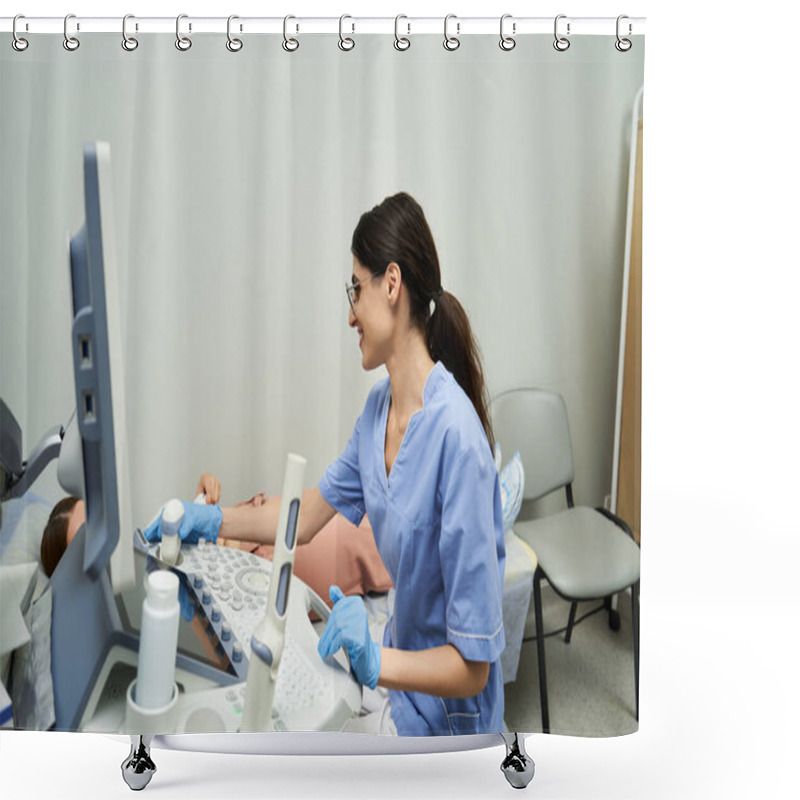 Personality  A Gynecologist In A Lab Coat Interacts With A Female Patient During A Checkup. Shower Curtains