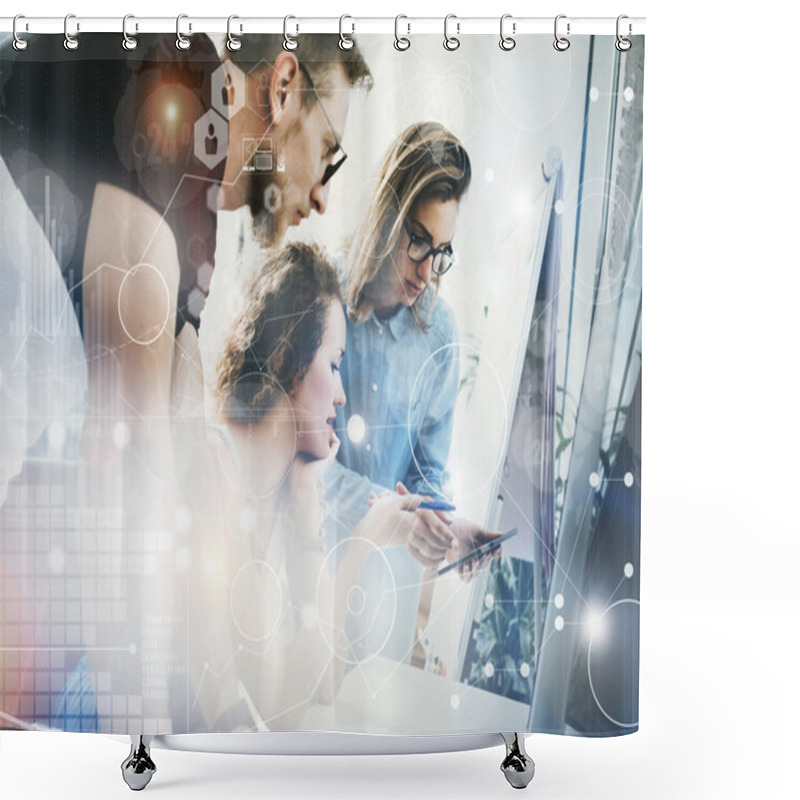 Personality  Coworkers Team Working Office Studio Startup.Businessman Using Modern Tablet,Desktop Monitor Wood Table.Bank Managers Market Researching Process.World Wide HiTech Diagram Interface Screen.Blurred Shower Curtains