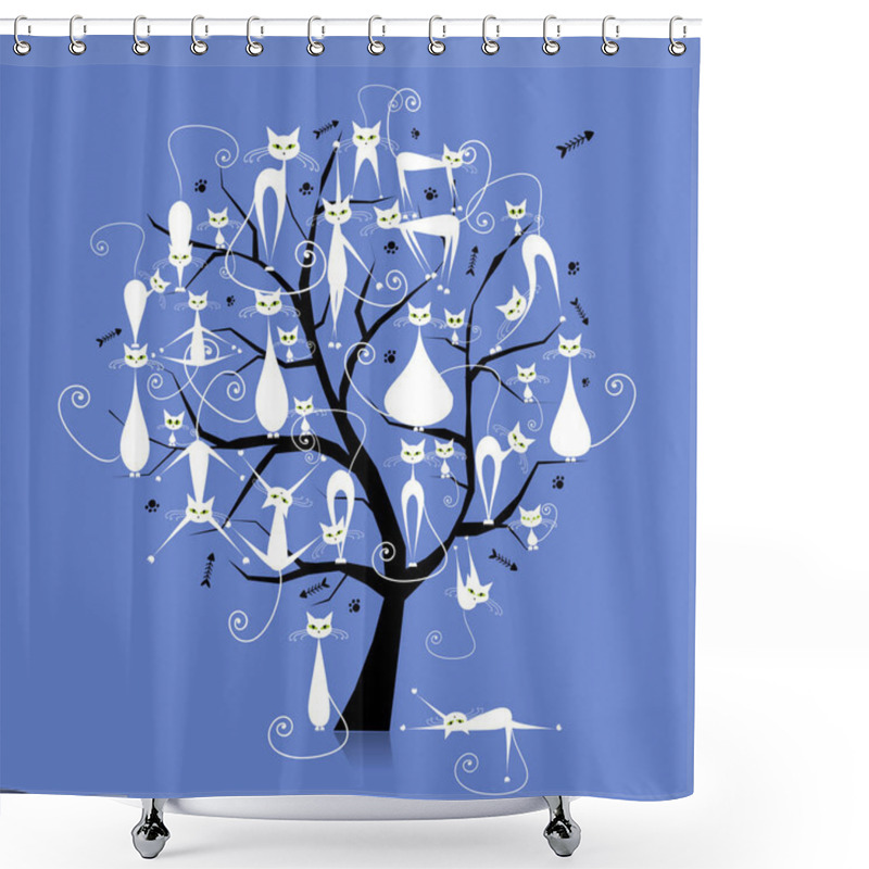 Personality  White Cats On Tree Branches, Silhouette For Your Design Shower Curtains