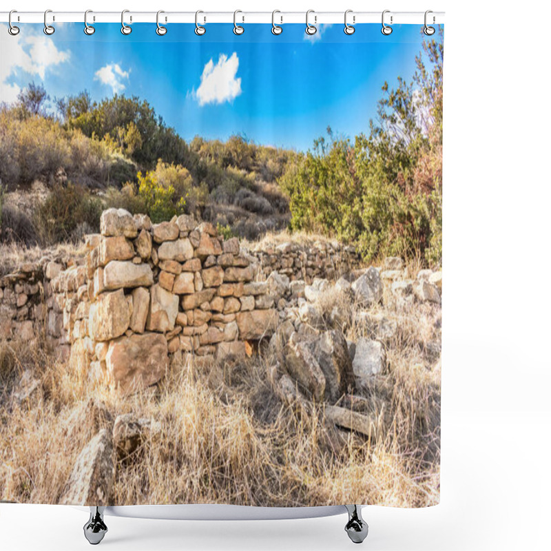 Personality  A Fascinating View Of The Remains Of Stone Dwellings In A Deserted, Secluded Location In The Mountains Of Cyprus, Reminiscent Of Long History And Strength Shower Curtains