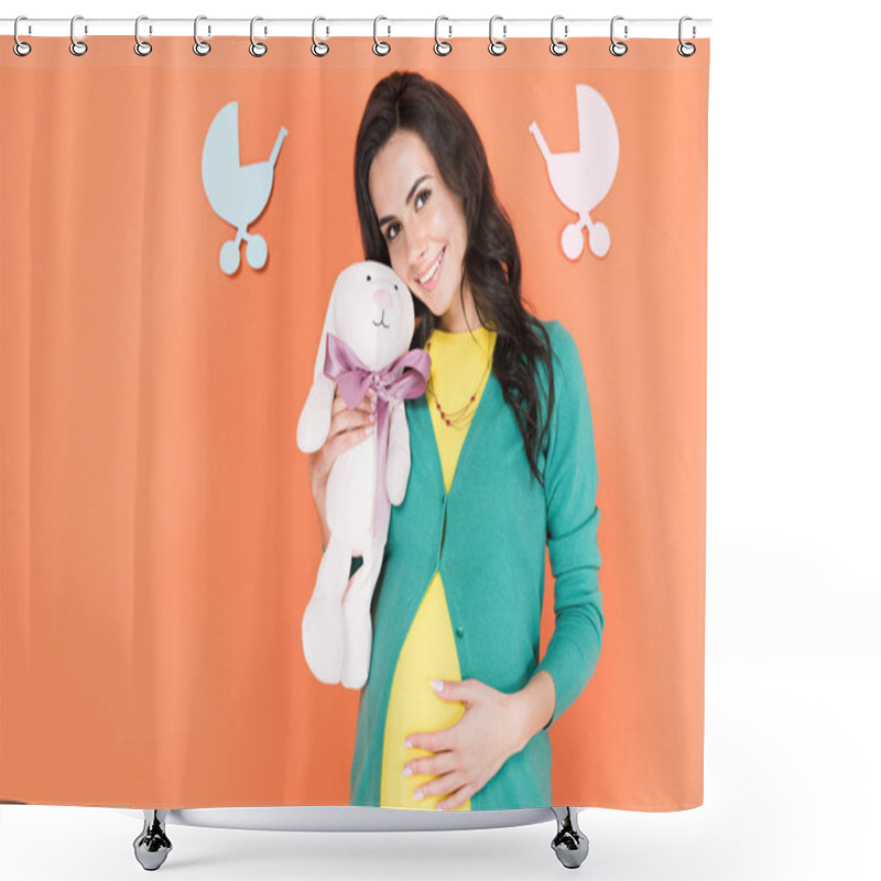 Personality  Pretty Pregnant Woman In Green Cardigan Holding Toy Rabbit On Orange Background Shower Curtains