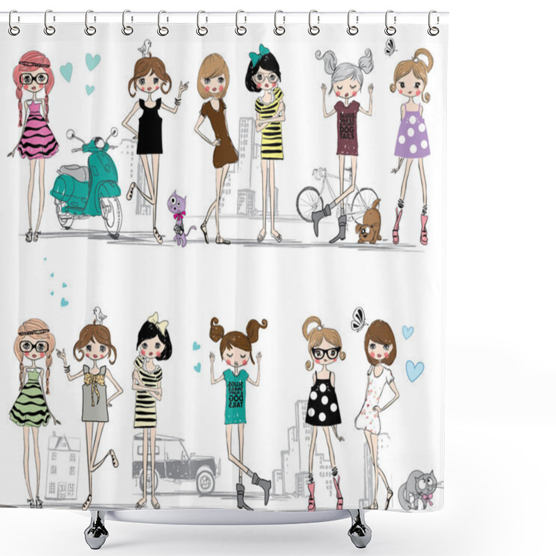 Personality  Fashion Girls On City Street Shower Curtains