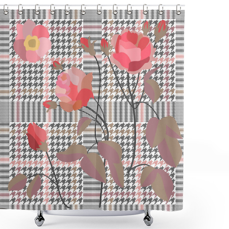 Personality  Retro Style Checkered  Print With Embroidered Roses. Seamless Hounds Tooth Pattern With Victorian Motifs.  Shower Curtains