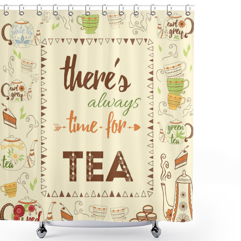 Personality  Bright Hand Drawing Seamless Texture With Cute Teapots, Cups, Cake, Fresh Steam And Design Elements For Tea Time. Cup, Mug, Teapot, Kettle  Shower Curtains