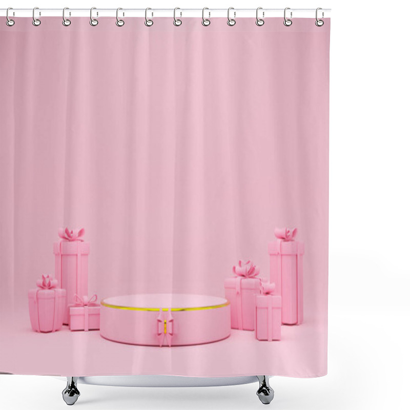 Personality  Podium Empty With Geometric Shapes In Pink Pastel Composition For Modern Stage Display And Minimalist Mockup ,abstract Showcase Background ,Concept 3d Illustration Or 3d Render Shower Curtains