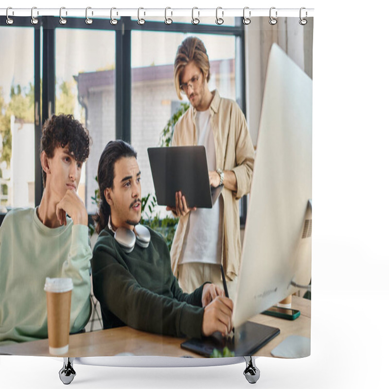 Personality  Post-production Team Focused On A Retouching Project In Office, Man With Laptop Near Coworkers Shower Curtains