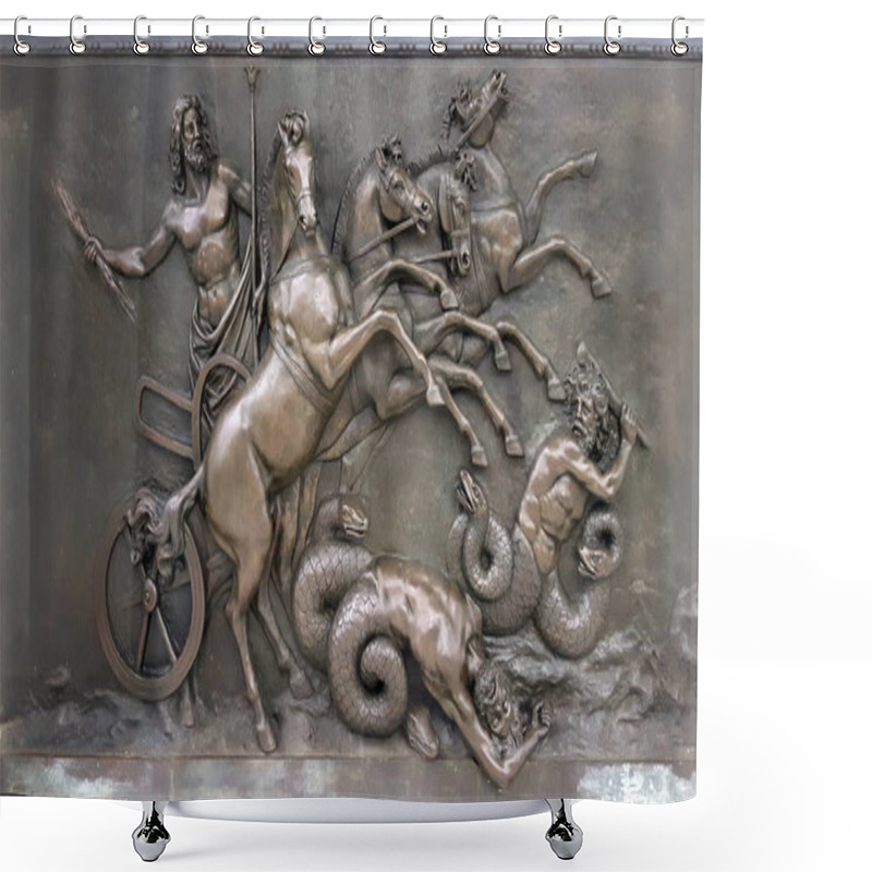 Personality  Metallic Panel Depicting With Zeus, Greek Ancient God, In War Chariots During Battle Against Evil Creatures At Achilleion Palace, On Corfu Island, Greece Shower Curtains