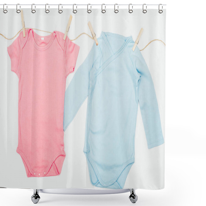 Personality  Top View Of Baby Bodysuits Drying On Rope Isolated On White Shower Curtains