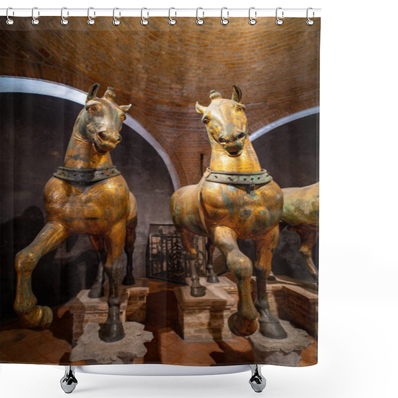 Personality  Ancient Bronze Horse Statues Displayed In A Museum Exhibit, Showcasing Intricate Craftsmanship And Historical Significance Under Warm Lighting In A Brick-arched Room. Shower Curtains