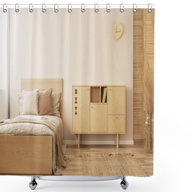 Personality  Single Wooden Bed With Beige Bedding And Blanket Next To Stylish Wooden Cabinet In Elegant Bedroom Shower Curtains