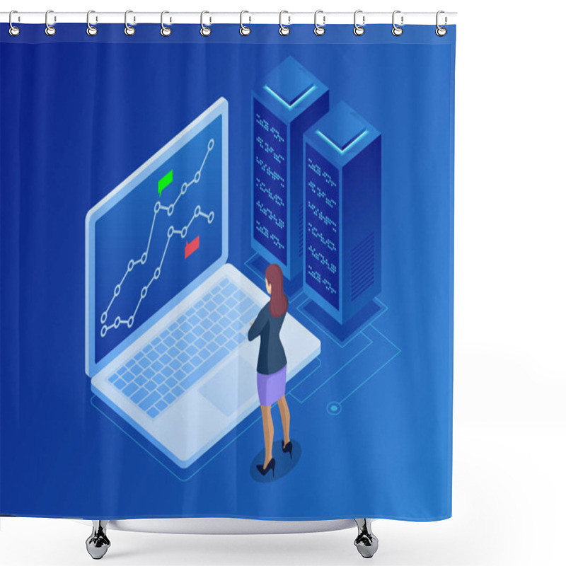 Personality  Isometric Businesswomen Trading Stocks Online. Stock Broker Looking At Graphs, Indexes And Numbers On Multiple Computer Screens. Cryptocurrency And Blockchain Concept. Shower Curtains