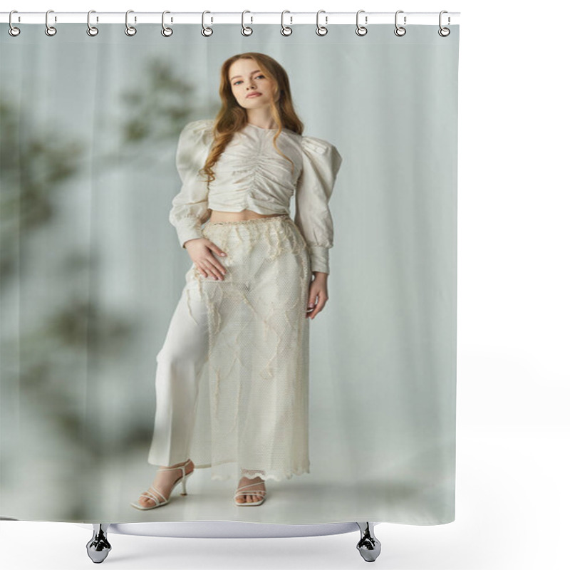 Personality  A Beautiful Woman Showcases Her Style While Surrounded By Blooming Flowers. Shower Curtains