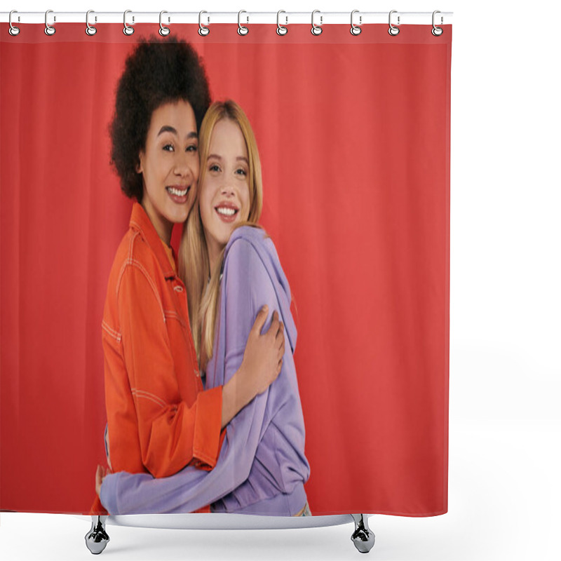 Personality  Cultural Diversity, Cheerful Multicultural Women Hugging While Looking At Camera On Coral Background, Blonde And Brunette, Diverse Friends, Sisterhood, Friendship Goals, Studio Shot  Shower Curtains