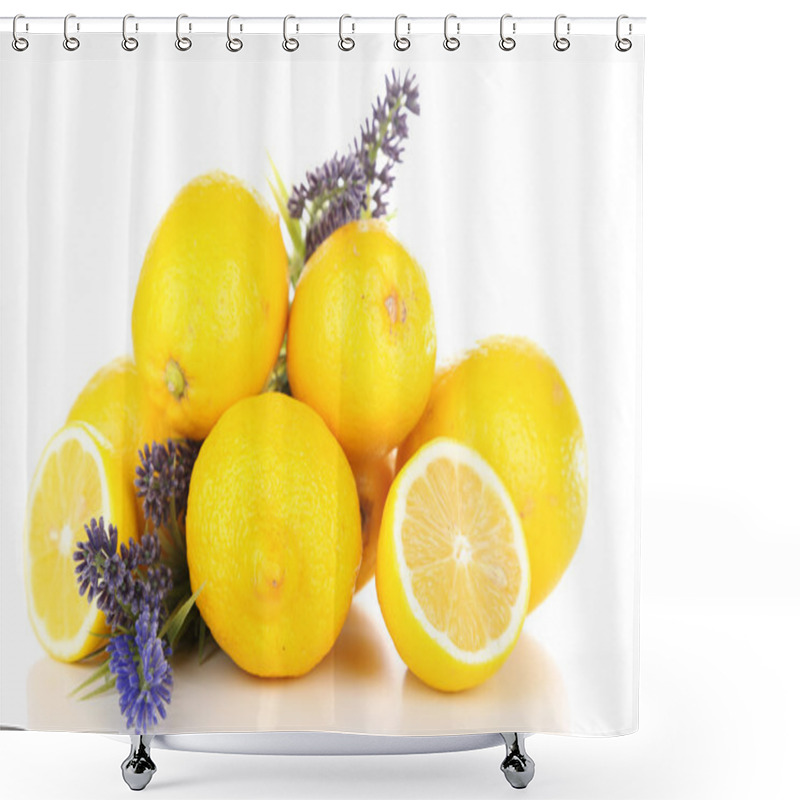 Personality  Still Life With Fresh Lemons And Lavender, Isolated On White Shower Curtains