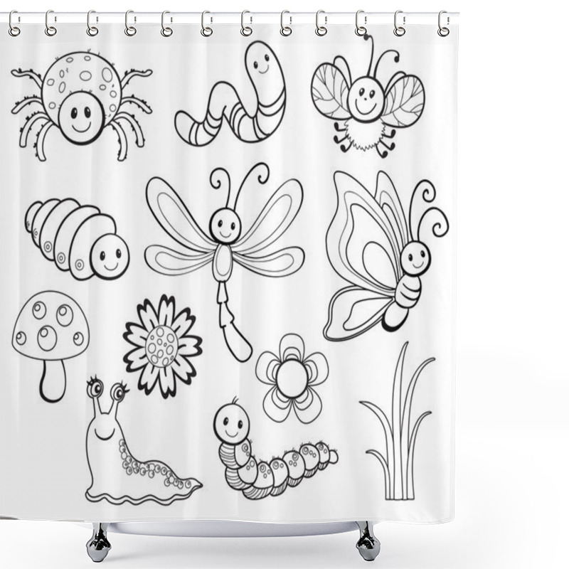 Personality  Vector Set Of Cute Cartoon Bug Line Art Shower Curtains