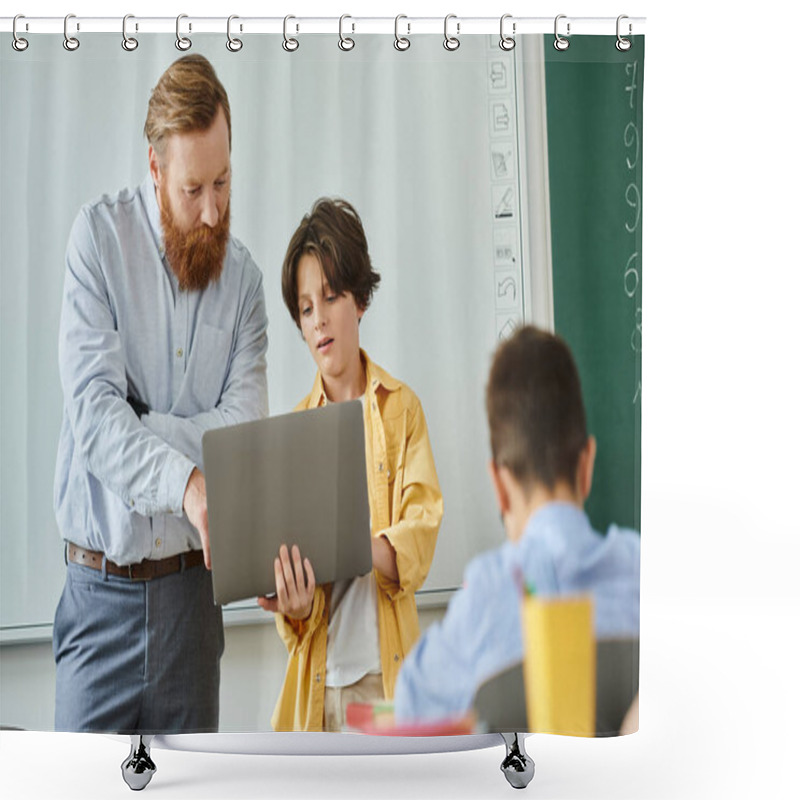 Personality  A Man Stands Confidently In Front Of A Laptop, Teaching A Group Of Kids. The Bright Classroom Setting Adds To The Lively Atmosphere. Shower Curtains