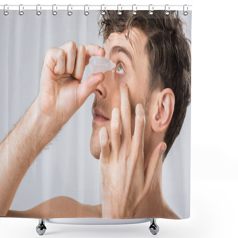 Personality  Young Handsome Man Dripping Eye Drops, Isolated On Grey Shower Curtains