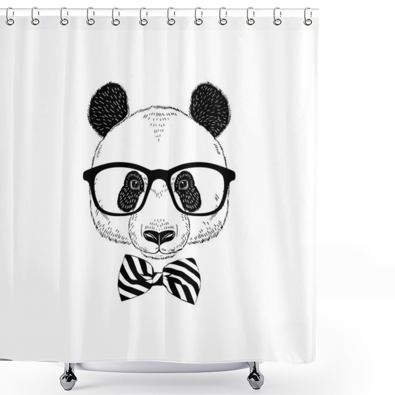 Personality  Panda Hipster Portrait In Glasses And Classy Stripy Tie Bow. Hand Drawn Vector Illustration Shower Curtains