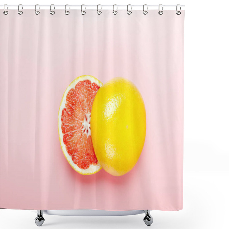 Personality  Halved Grapefruit On A Pink Background. Refreshing Summer Tropical Fruit. Minimal Composition. Top View, Flat Lay Shower Curtains