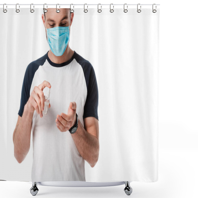 Personality  Man In Medical Mask Holding Spray Bottle With Antibacterial Liquid Near Hand Isolated On White  Shower Curtains