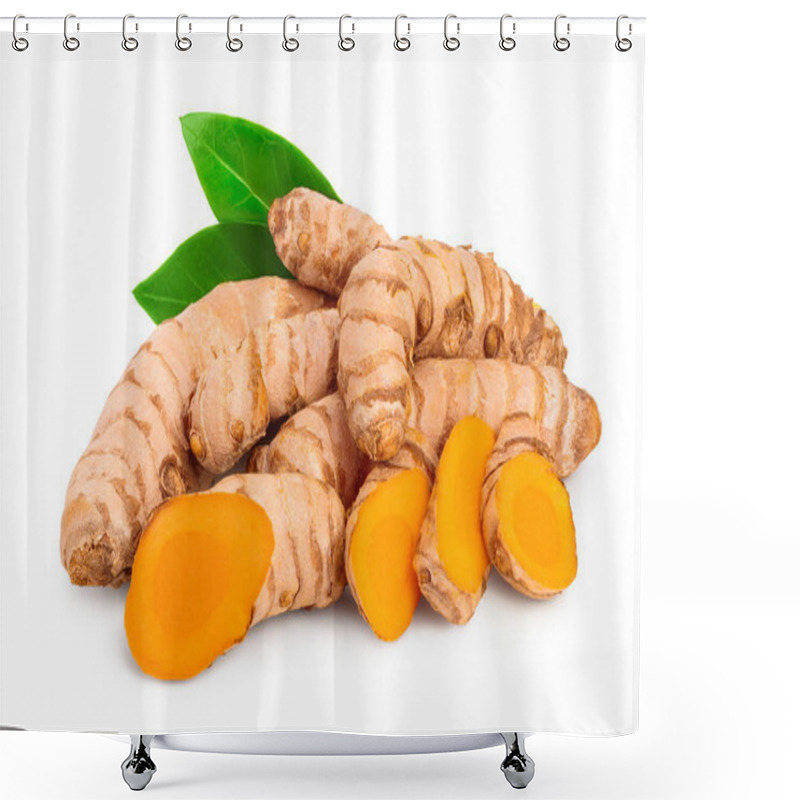 Personality  Turmeric Root With Slices Isolated On White Background Close Up Shower Curtains