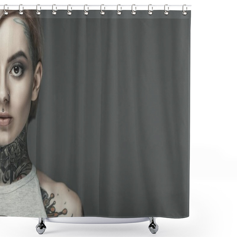 Personality  Cropped View Of Beautiful Tattooed Girl, Isolated On Grey Shower Curtains