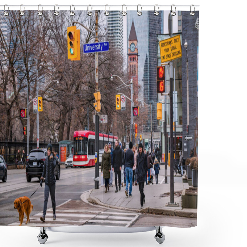 Personality  TORONTO, CANADA - 01 04 2020: Pedestrians Crossing The University Avenue At Queen Street With Old City Hall Clock Tower In Front Of Cadillac Fairview Tower In The Background In Downtown Toronto Shower Curtains