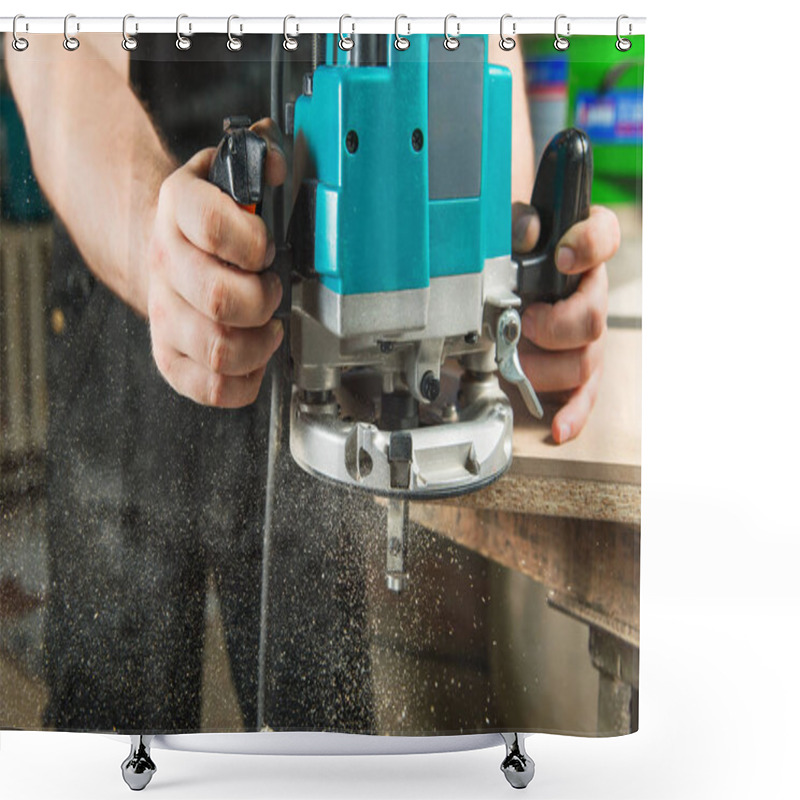 Personality  Close Up Man Doing Woodwork In Carpentry Shower Curtains