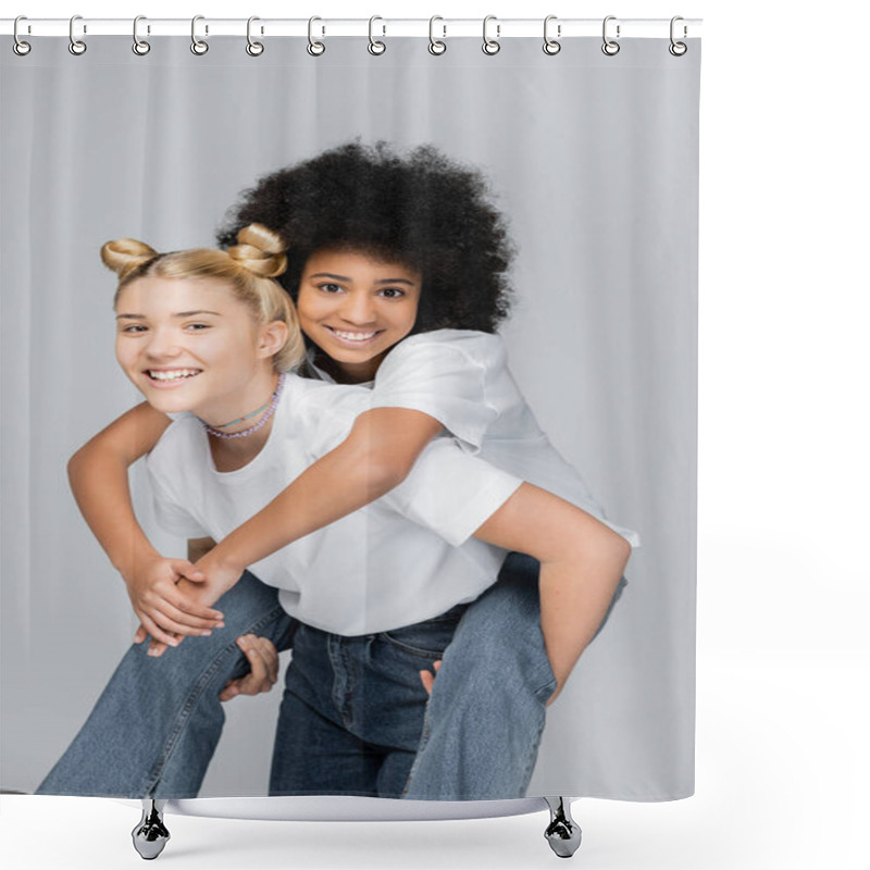 Personality  Teen African American Girl In Jeans And White T-shirt Hugging Blonde Girlfriend While Looking At Camera And Standing Isolated On Grey, Energetic Teenage Models Spending Time Shower Curtains