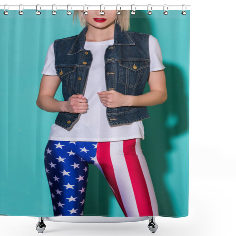 Personality  Cropped Shot Of Stylish Woman In White Shirt, Denim Jacket And Leggings With American Flag Patternon Blue Backdrop Shower Curtains