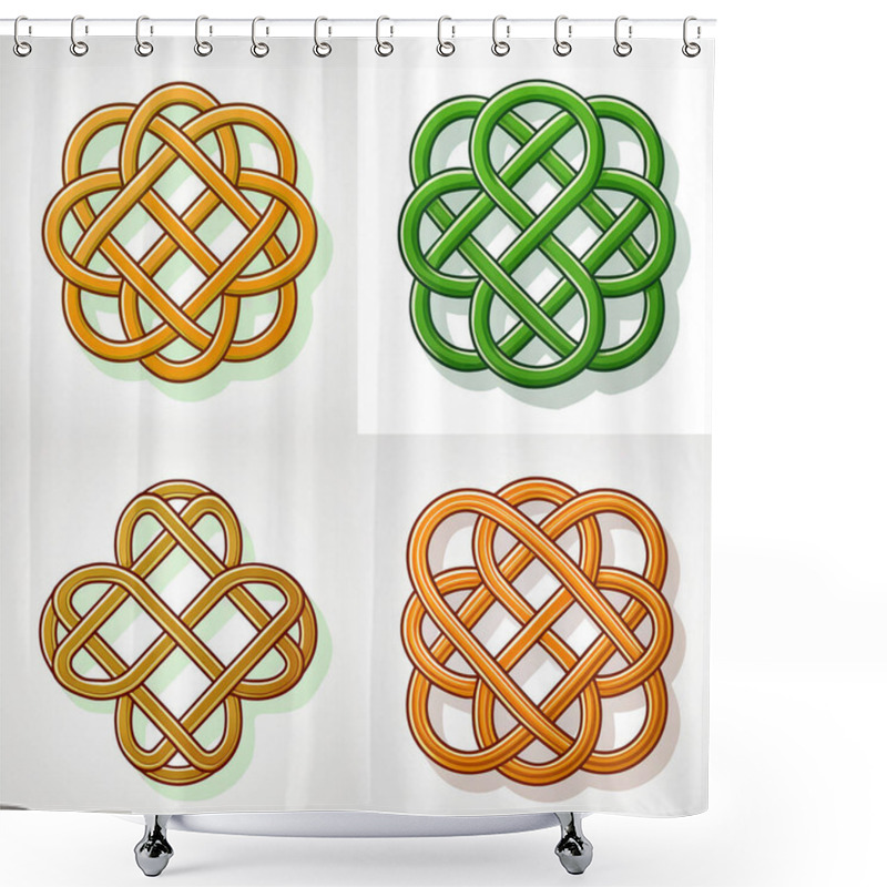 Personality  This Artwork Features Four Unique Irish Style Knots Displayed Against A Pristine White Background. Each Knot Showcases Different Patterns And Colors, With Variations In Yellow And Green Hues. Shower Curtains