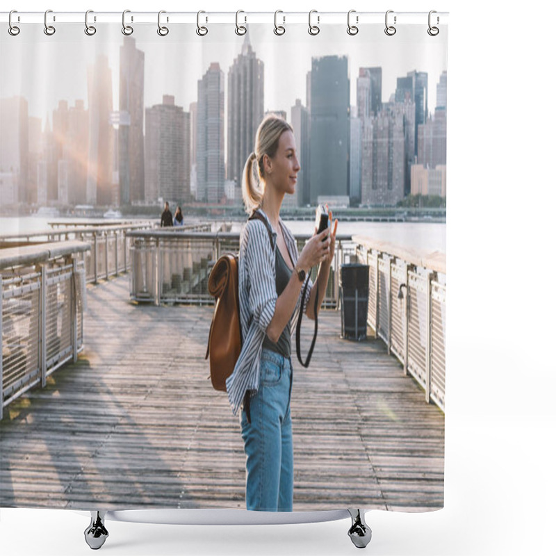 Personality  Side View Of Positive Caucasian Woman Wanderer With Old Fashioned Instant Camera In Hands Looking Around For Taking Few Pictures Of American View, Concept Of Weekend Getaway To Brooklyn District Shower Curtains