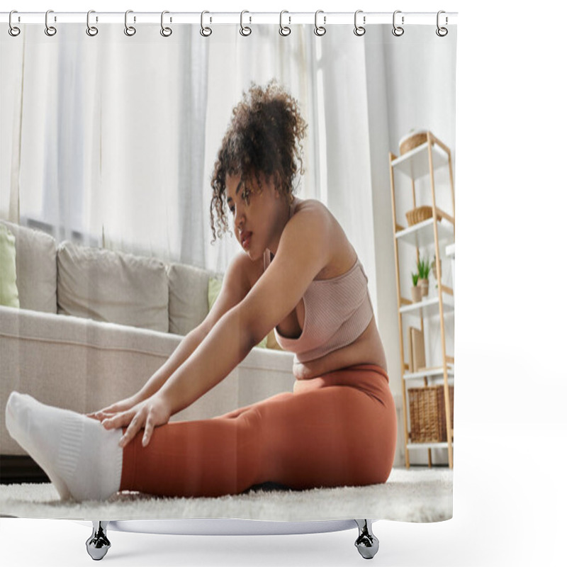 Personality  A Young Woman Enjoys Stretching In Her Cozy Living Space. Shower Curtains