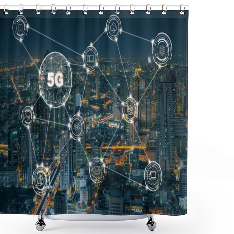 Personality  5G Technology With Various Icon Internet Of Thing Over The Closeup Bangkok Cityscape, Wireless Communication Connection Network Concept. Shower Curtains