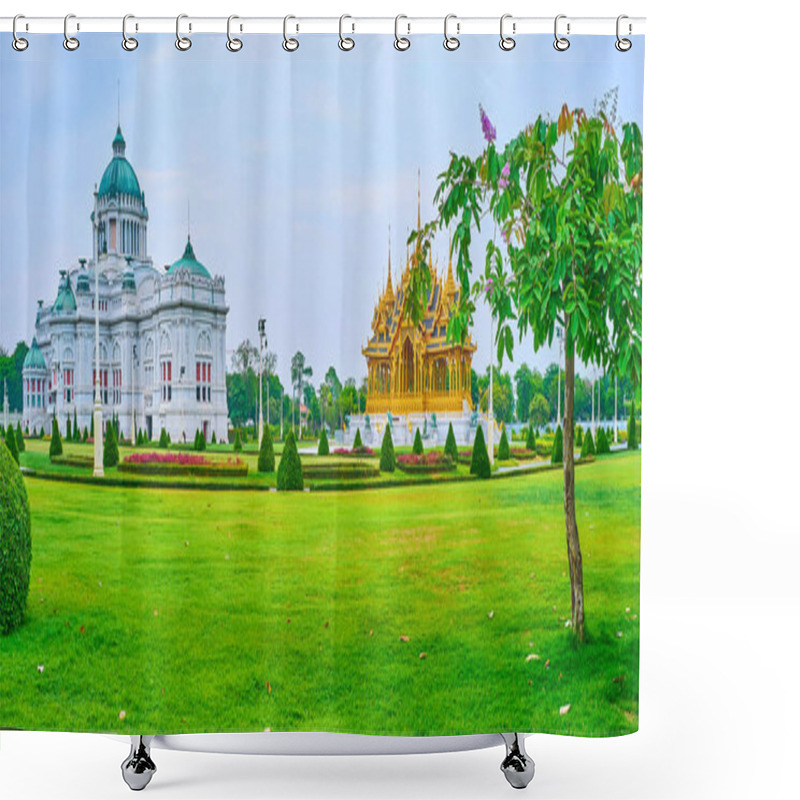 Personality  Panorama Of The Topiary Garden, Surrounding The Building Of Ananta Samakhom Throne Hall And Memorial Crowns Of The Auspice Gilt Pavilion, Bangkok, Thailand Shower Curtains