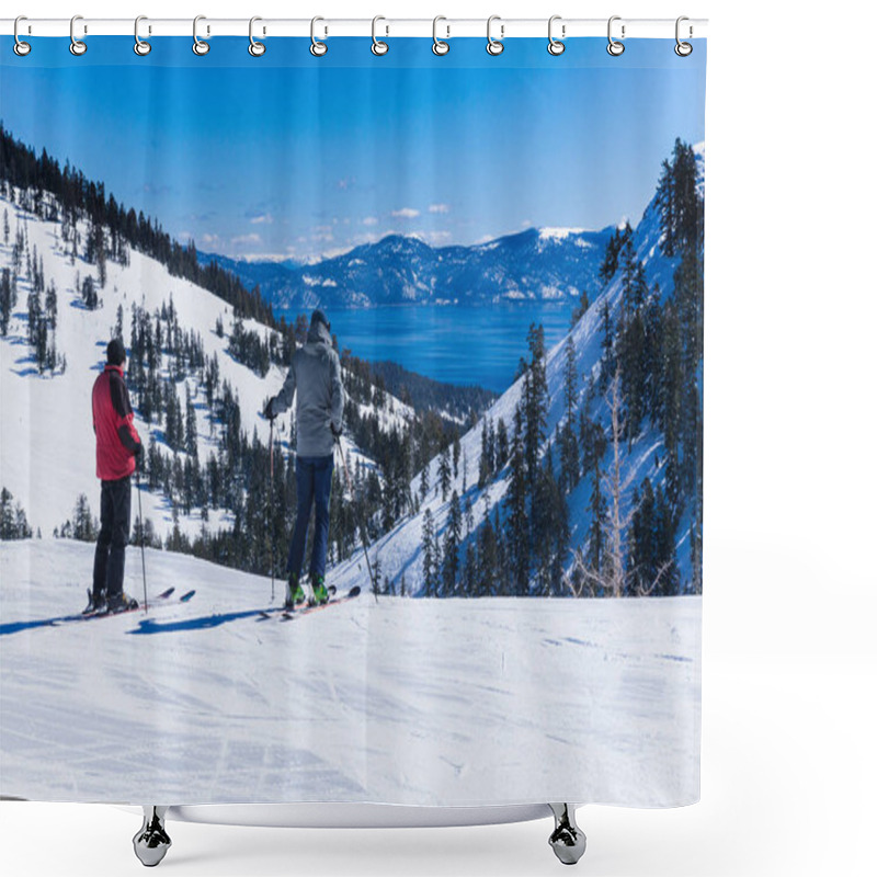 Personality  Two Middle Aged Men On Skis Look Out Over The Lake Tahoe Mountains Shower Curtains