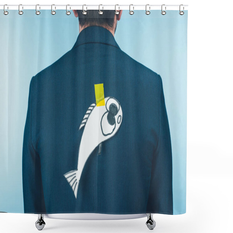 Personality  Back View Of Businessman In Suit With Paper Made Fish On Back, April Fools Day Concept Shower Curtains